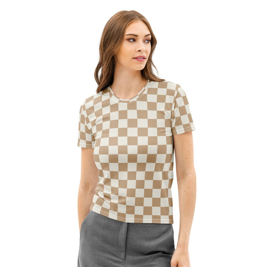 Women’s neutral checkerboard cotton t-shirt with beige and white checkered pattern, soft stretch, short sleeves, and crew neck