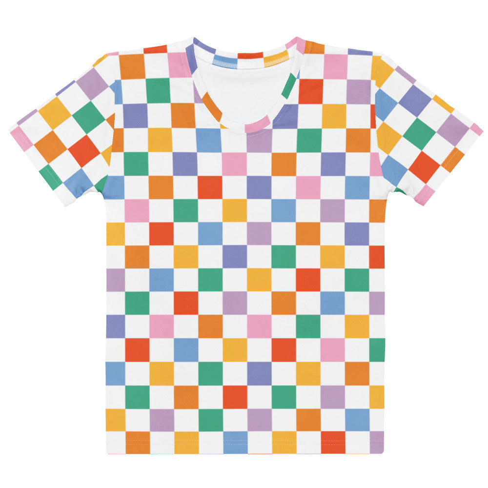 Women’s colorful checkerboard cotton t-shirt with multicolored squares in orange pink blue green and purple on white background