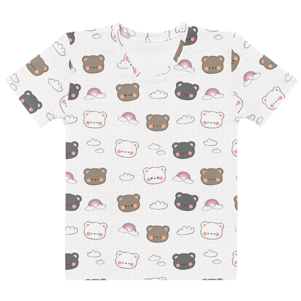 Women’s white cotton short-sleeved t-shirt with soft stretch and playful all-over cartoon bear and rainbow print