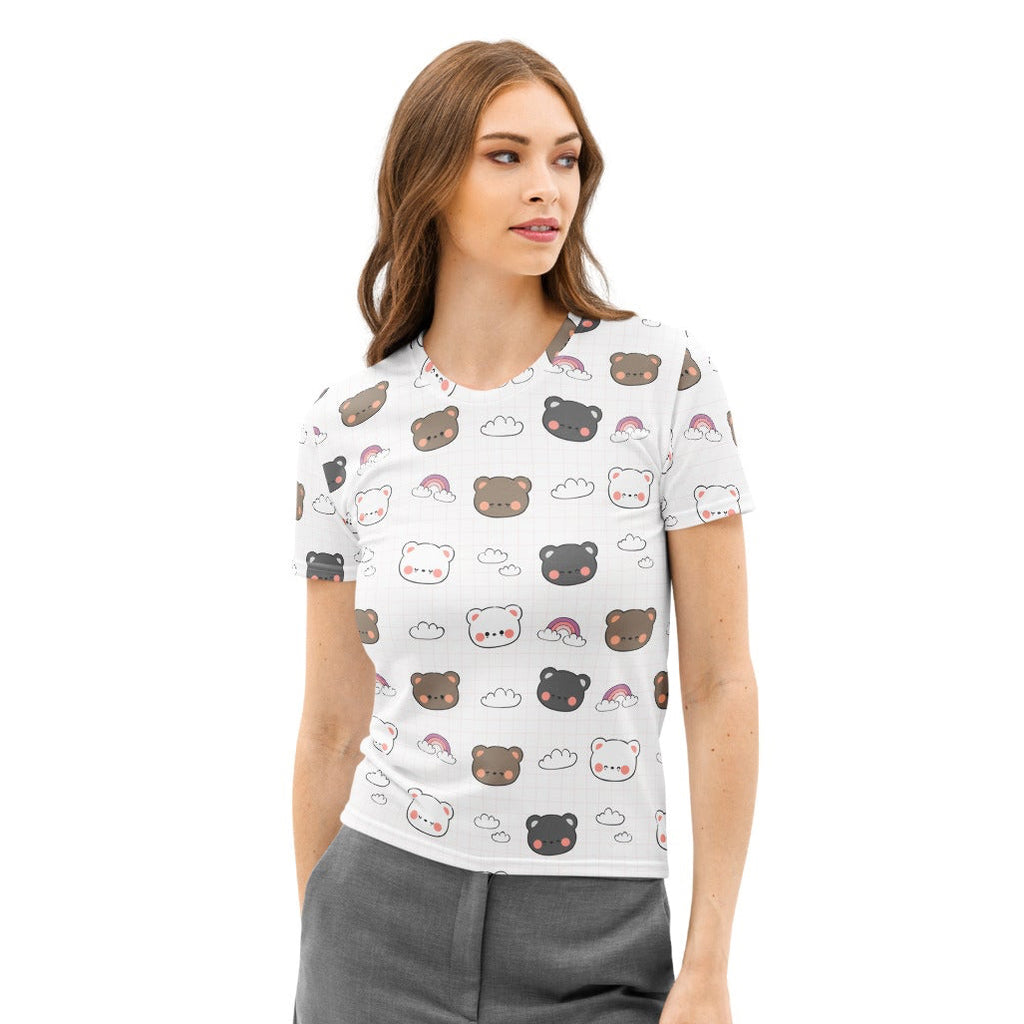 Women’s white cotton short-sleeved t-shirt with playful brown and black cartoon bears and rainbow cloud accents