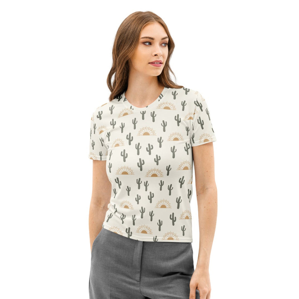 Women’s off-white short-sleeved cactus desert cotton t-shirt with black cacti and tan sunburst print, soft stretch pilling resistant