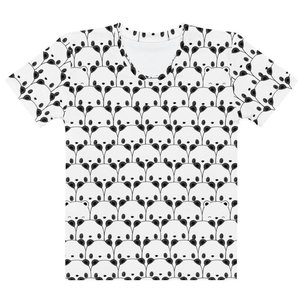 White women’s cotton short-sleeved t-shirt with black and white panda face print soft stretch pilling resistant tee