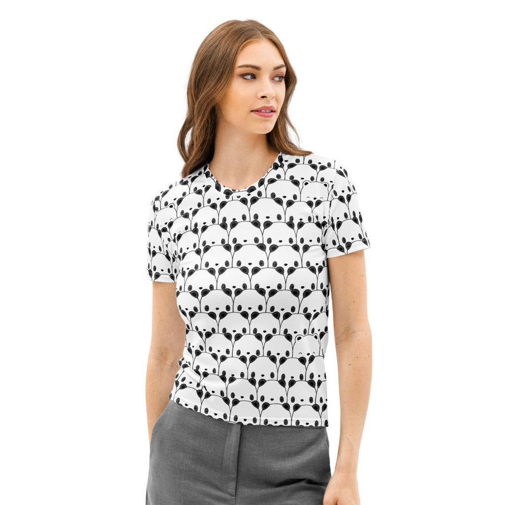White short-sleeved cotton t-shirt with black panda face pattern women’s soft stretch pilling resistant tee