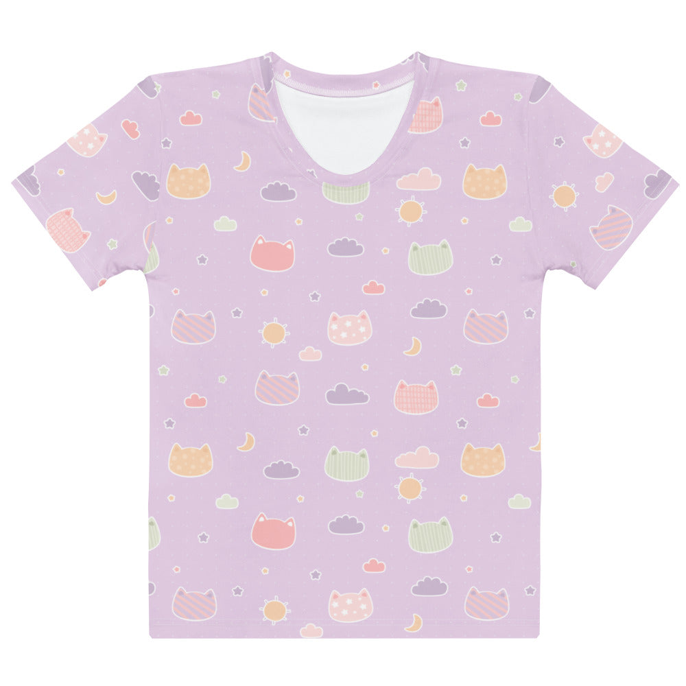 Women’s pastel purple kawaii cats and clouds cotton t-shirt with soft stretch and pilling resistant fabric featuring cartoon prints