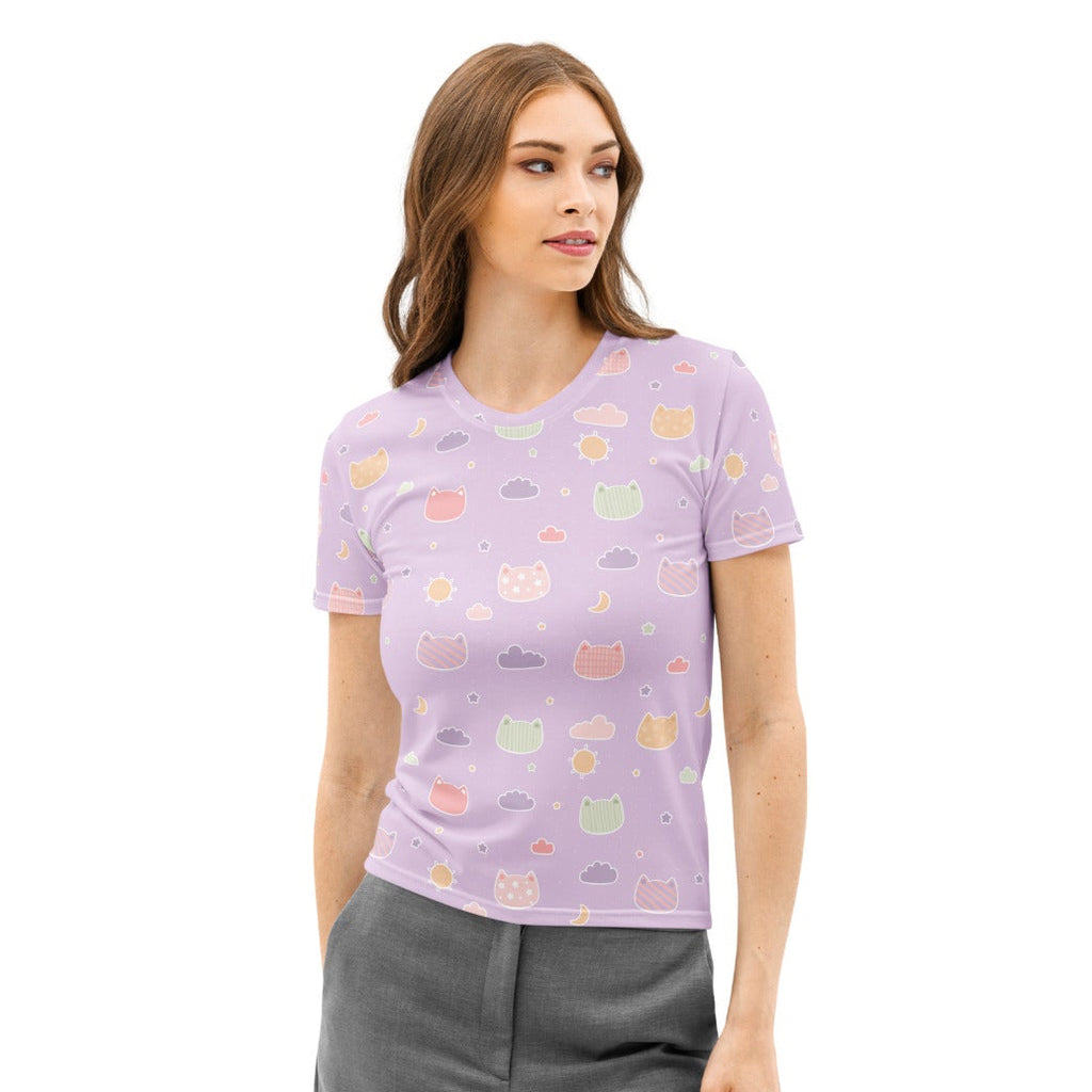 Lavender short-sleeved cotton t-shirt with pastel kawaii cats clouds and moons print soft stretch pilling resistant tee