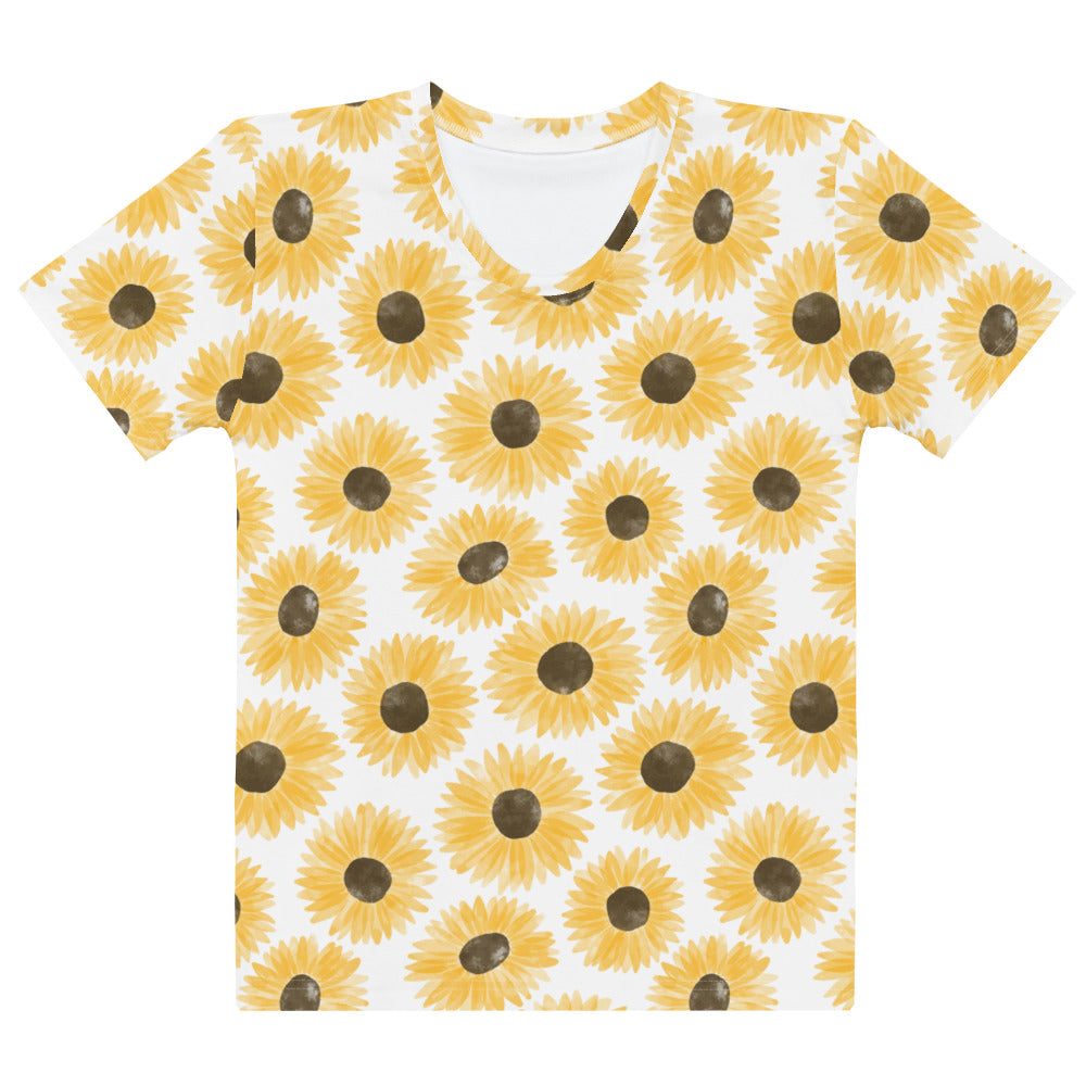 Women’s white cotton short-sleeved t-shirt with vibrant sunflower print soft stretch pilling resistant tee