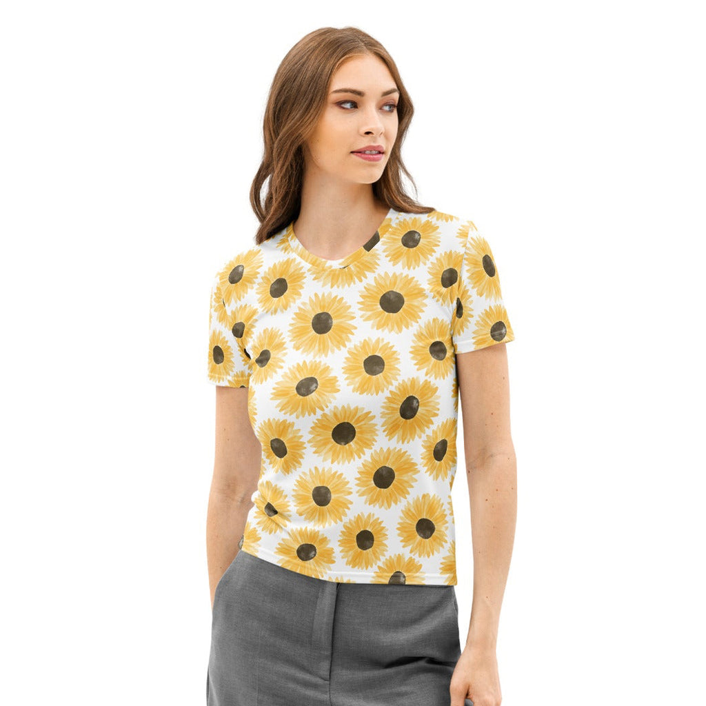 White short-sleeved cotton t-shirt with vibrant yellow sunflower print soft stretch pilling resistant tee for women