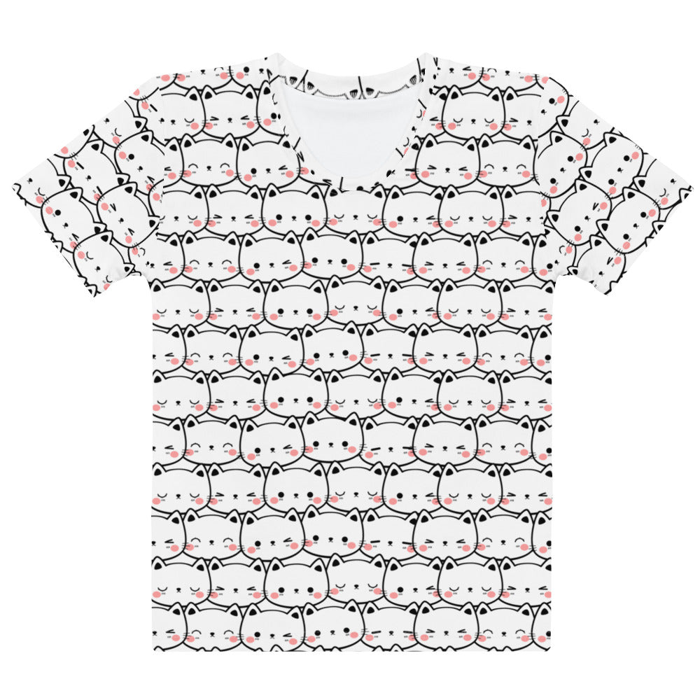 White short-sleeved cotton t-shirt with playful all-over cartoon cat print and soft stretch pilling resistant fabric