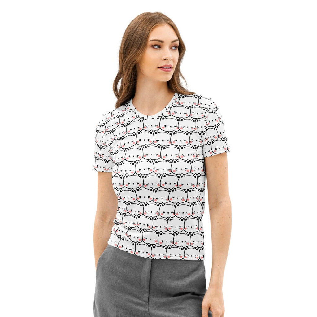 Women’s white cotton short-sleeved t-shirt with cute cat print featuring black outlines and pink accents, soft and stretch pilling resistant