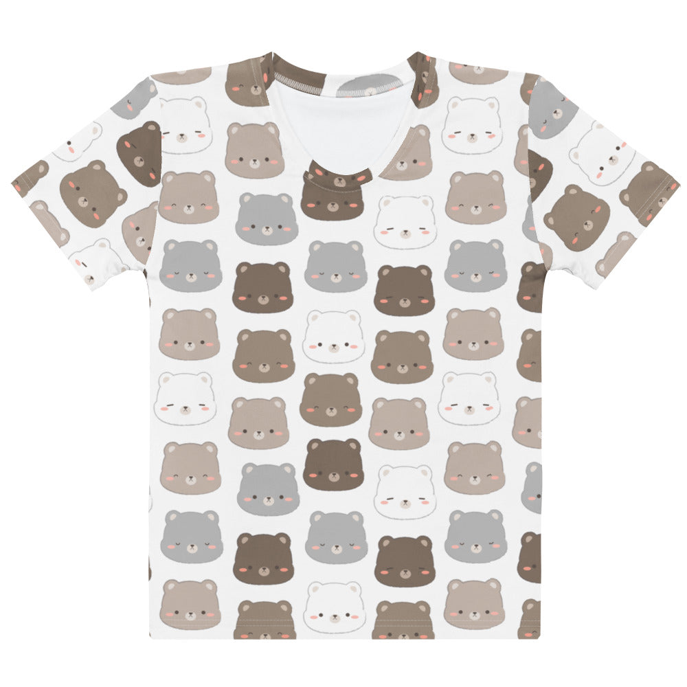 White short-sleeved cotton women’s t-shirt with soft stretch featuring cute brown and gray bear face prints