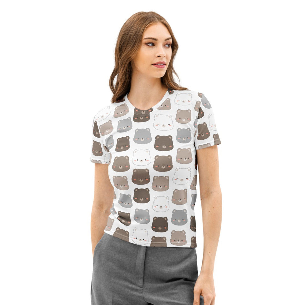 White short-sleeved cotton t-shirt with soft stretch and pilling resistant cute bear face print for women