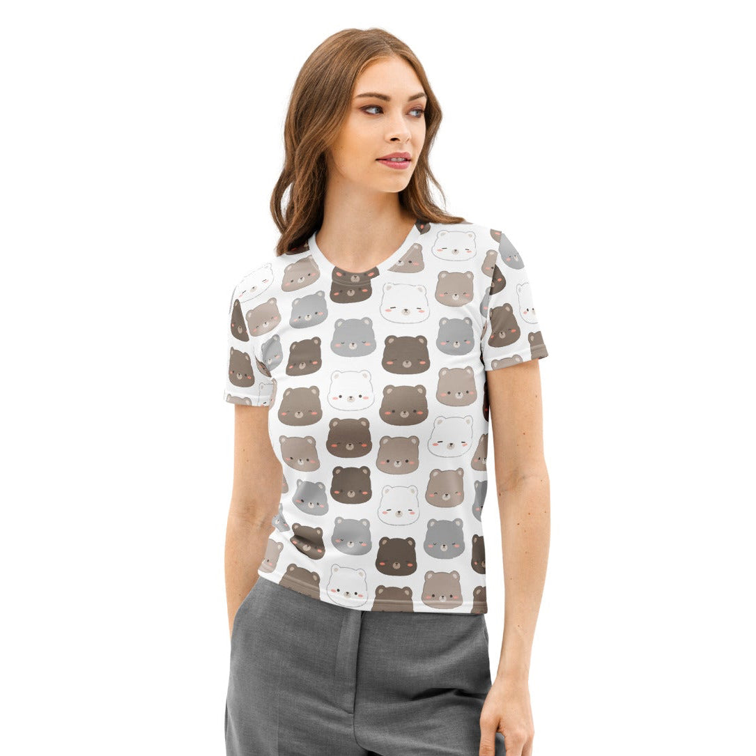 White short-sleeved cotton t-shirt with soft stretch and pilling resistant cute bear face print for women