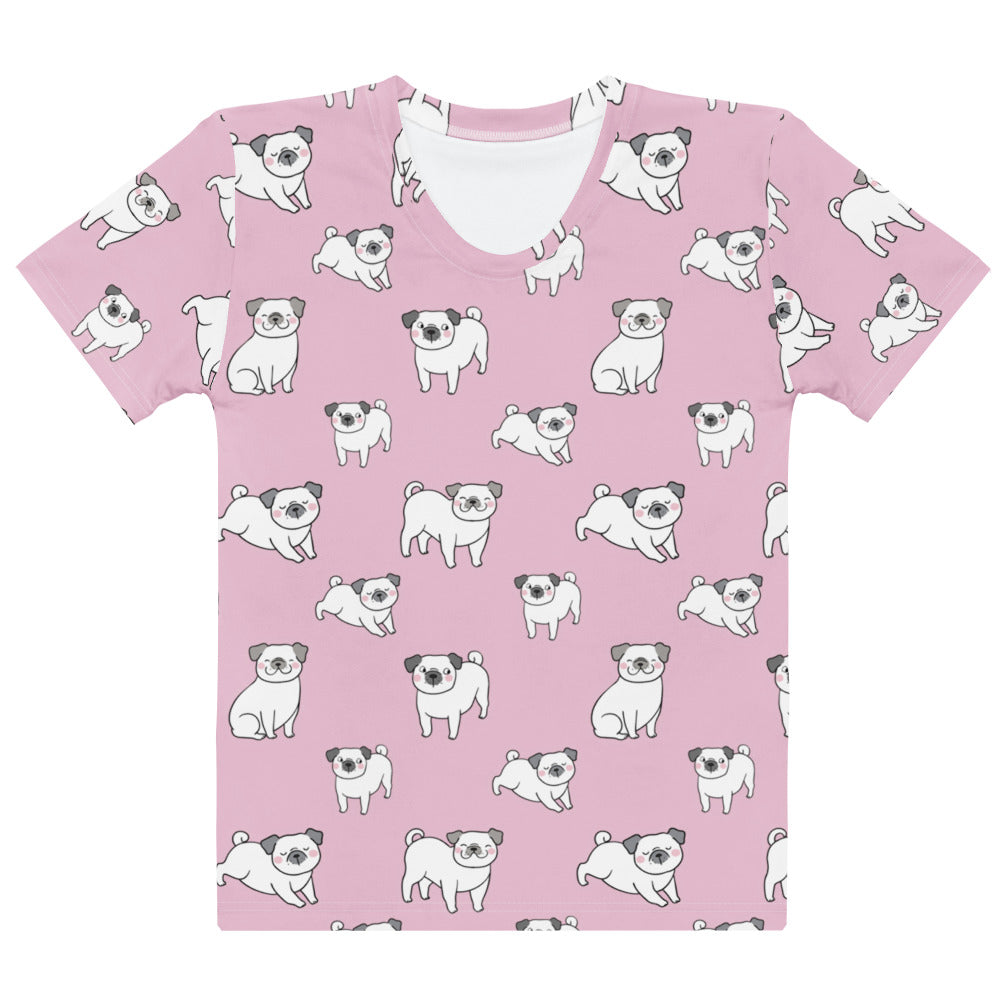 Women’s pink cotton short-sleeved t-shirt with soft stretch featuring playful cartoon pug all-over print