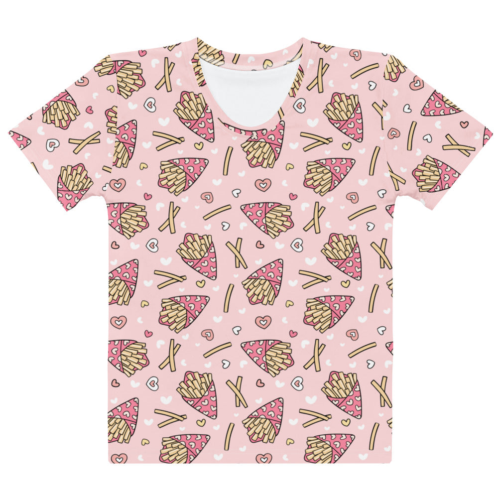 Women’s pink cotton short-sleeved t-shirt with soft stretch featuring golden french fries print and white hearts