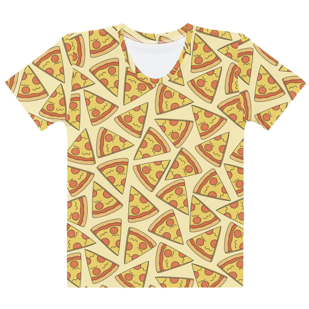Women’s cotton short-sleeved t-shirt with soft stretch and pilling resistant fabric featuring pizza slice print