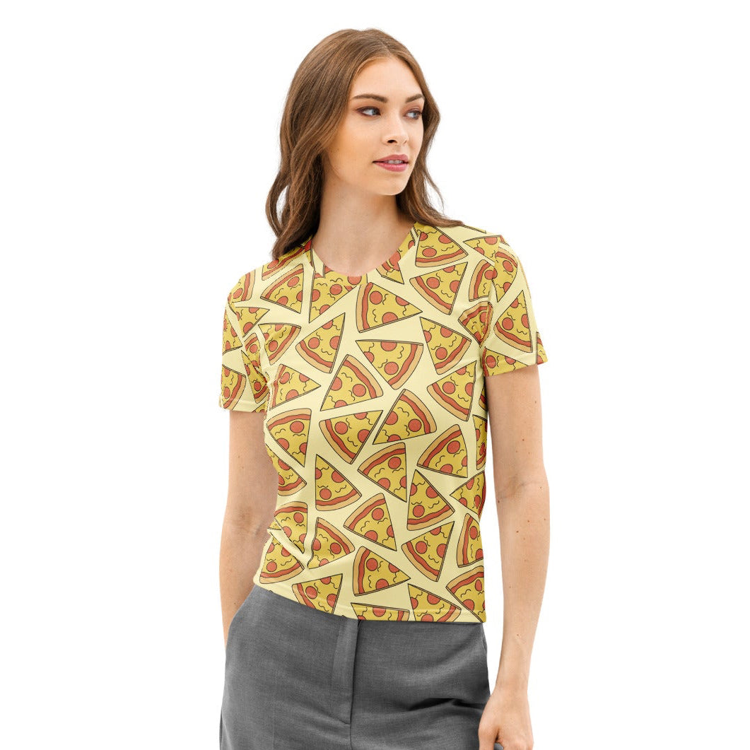 Women’s yellow cotton t-shirt with soft stretch and pilling resistance featuring cartoon pizza slice print