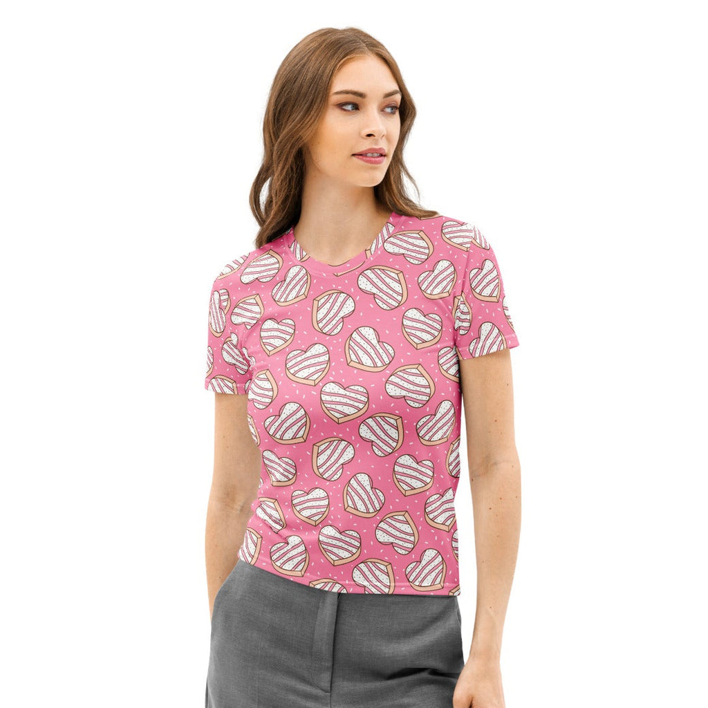Women’s pink cotton t-shirt with playful heart cookie pattern white icing stripes and soft stretch pilling resistant fabric