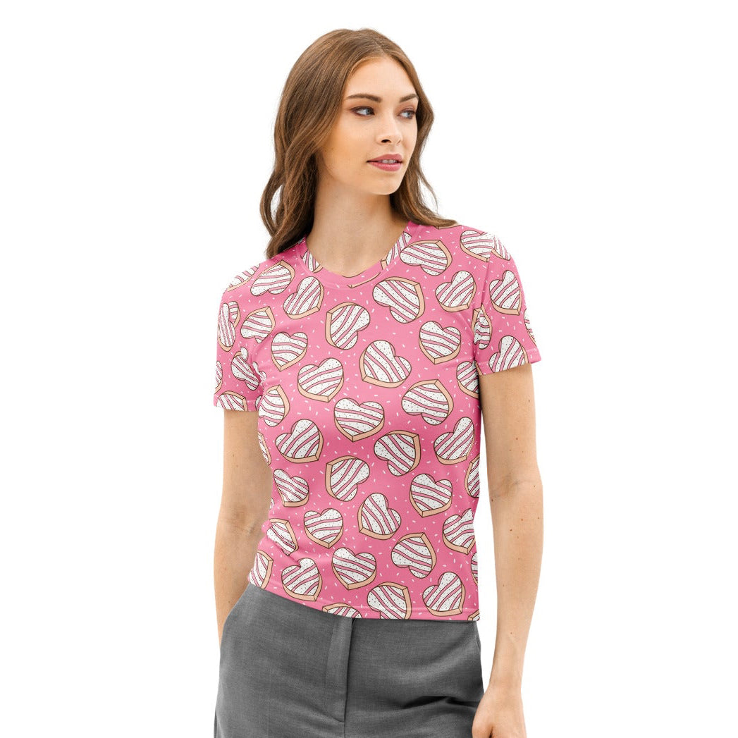 Women’s pink cotton t-shirt with playful heart cookie pattern white icing stripes and soft stretch pilling resistant fabric