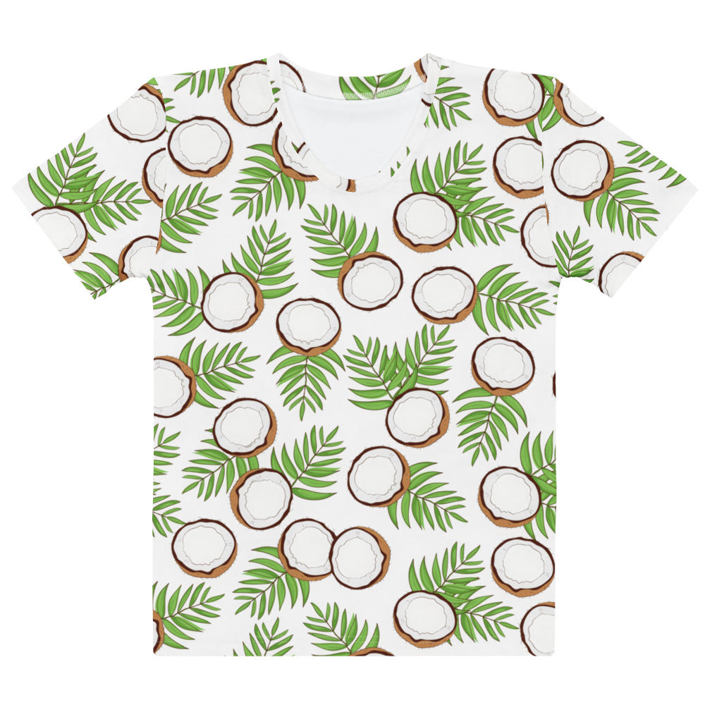 White short-sleeved cotton t-shirt with vibrant coconut and palm leaf print soft stretch pilling resistant tee