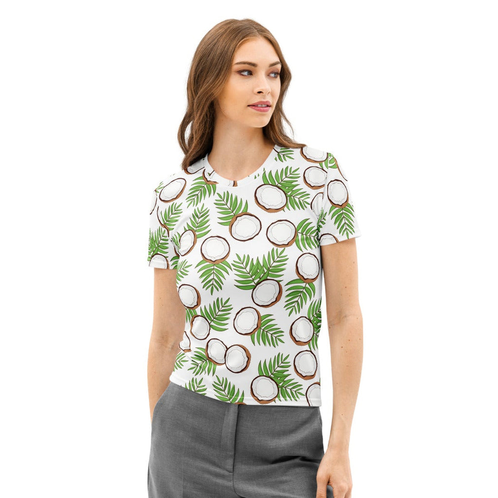 Women’s white short-sleeved cotton t-shirt with tropical coconut and palm leaf pattern, soft stretch and pilling resistant