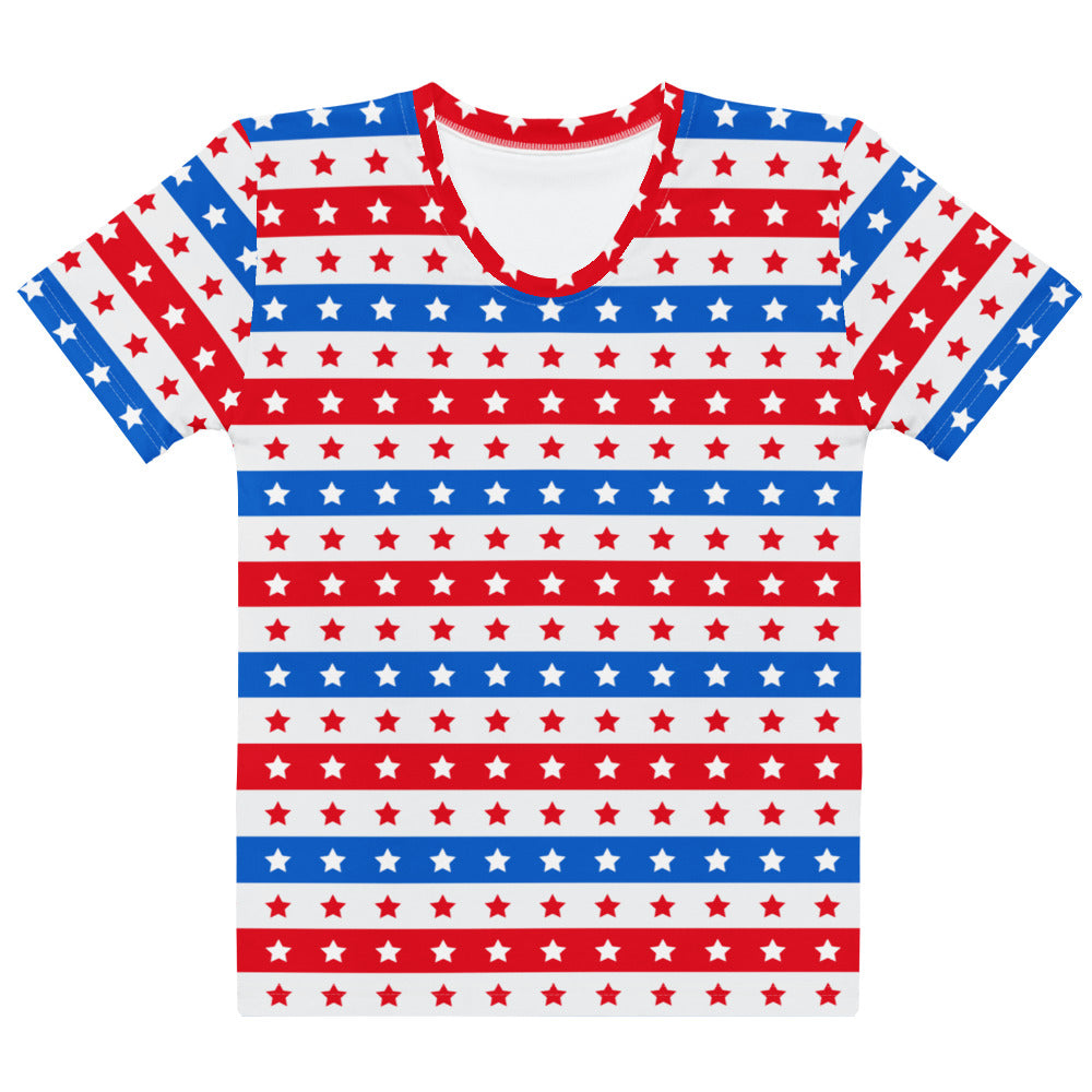 Women’s usa stripes and stars cotton t-shirt with red white and blue stripes and star print soft stretch pilling resistant