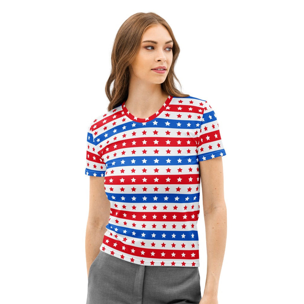Women’s USA stripes and stars soft stretch cotton t-shirt with red white and blue star striped short sleeves