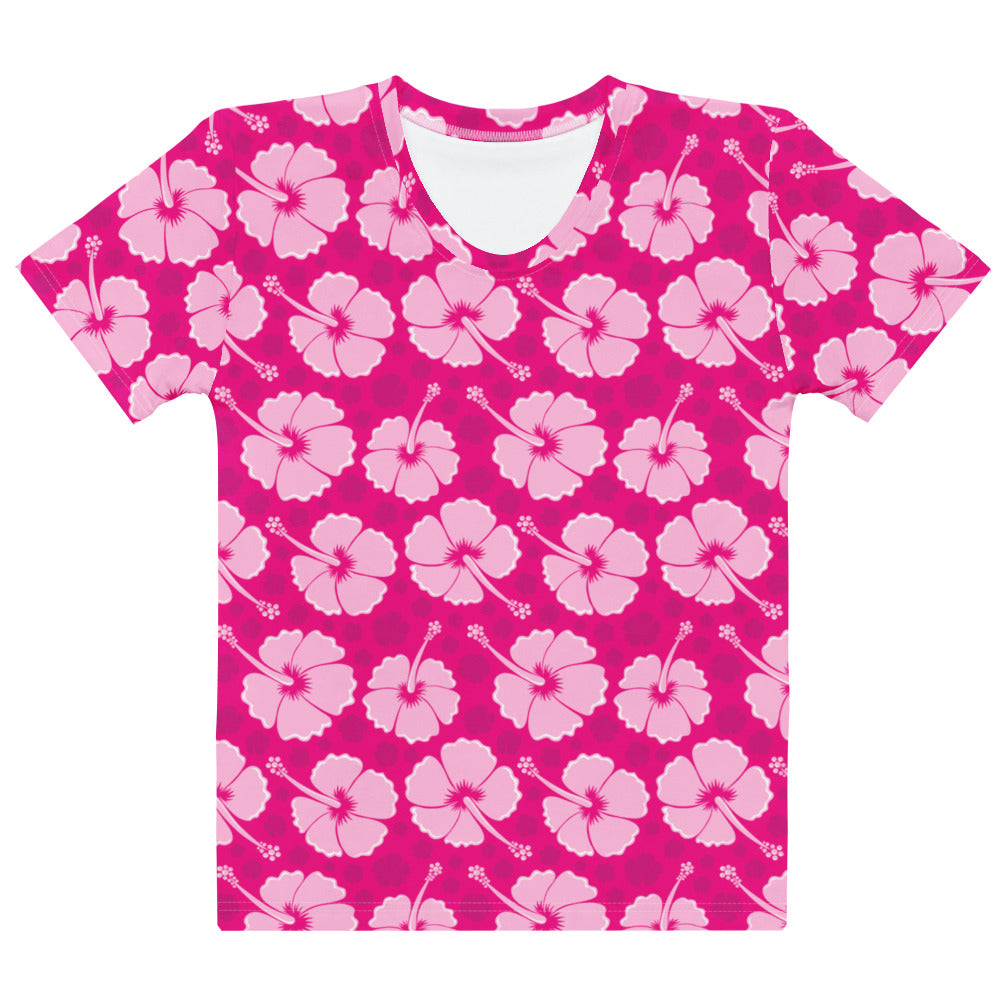 Women’s pink hibiscus cotton t-shirt with soft stretch and pilling resistant fabric featuring light pink flower pattern