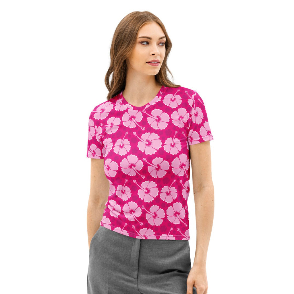 Women’s pink cotton t-shirt with soft stretch featuring a vibrant repeating light pink hibiscus flower pattern
