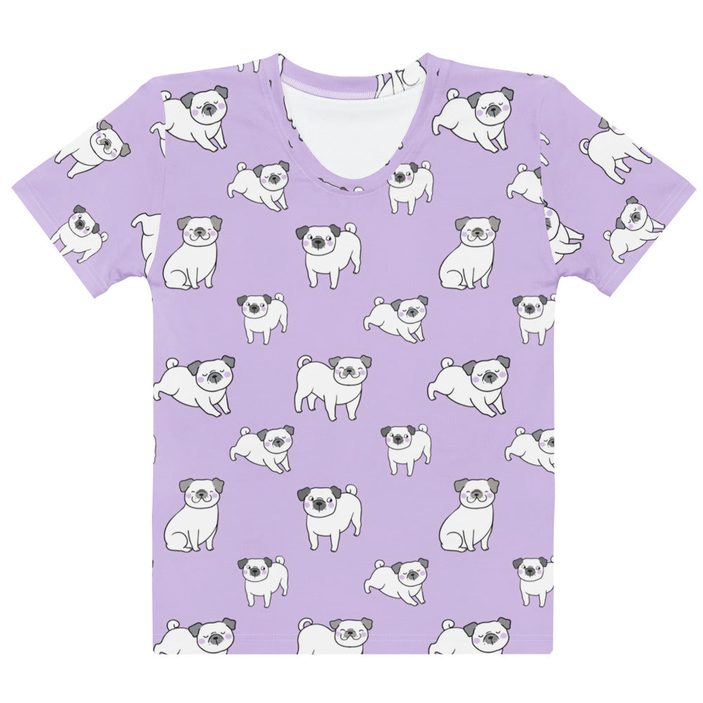Women’s purple pug cotton t-shirt with soft stretch, pilling resistant fabric and playful white cartoon pug print
