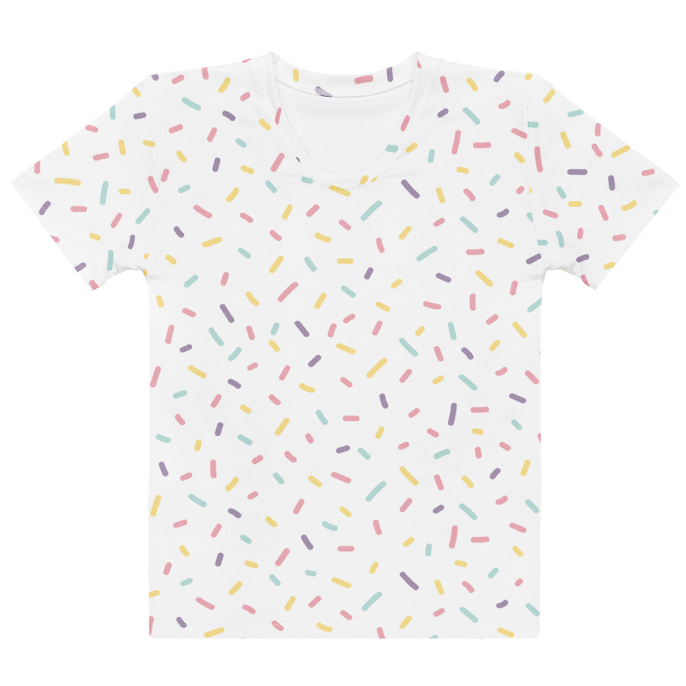 White women’s cotton short-sleeved t-shirt with playful multicolored pastel sprinkle print soft stretch pilling resistant