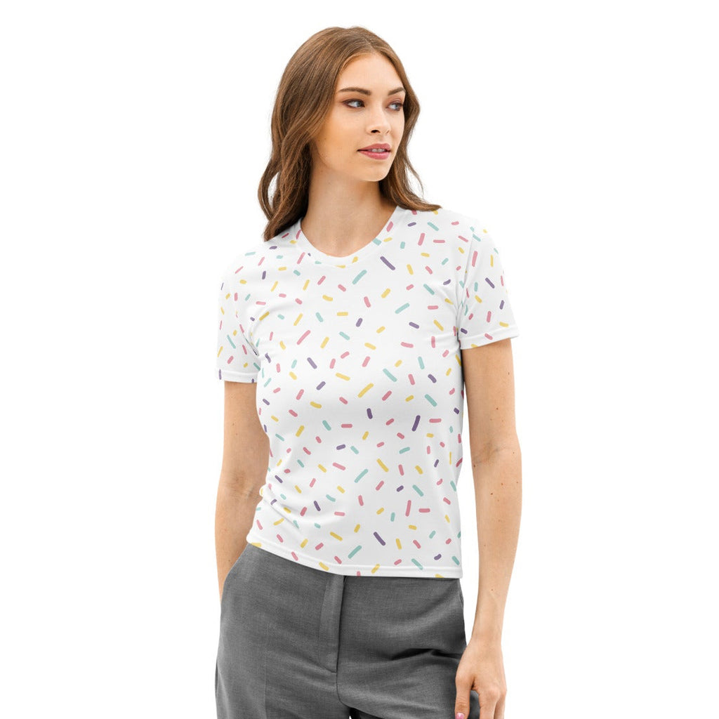 Women’s white cotton t-shirt with multicolored sprinkle print soft stretch and pilling resistant fabric