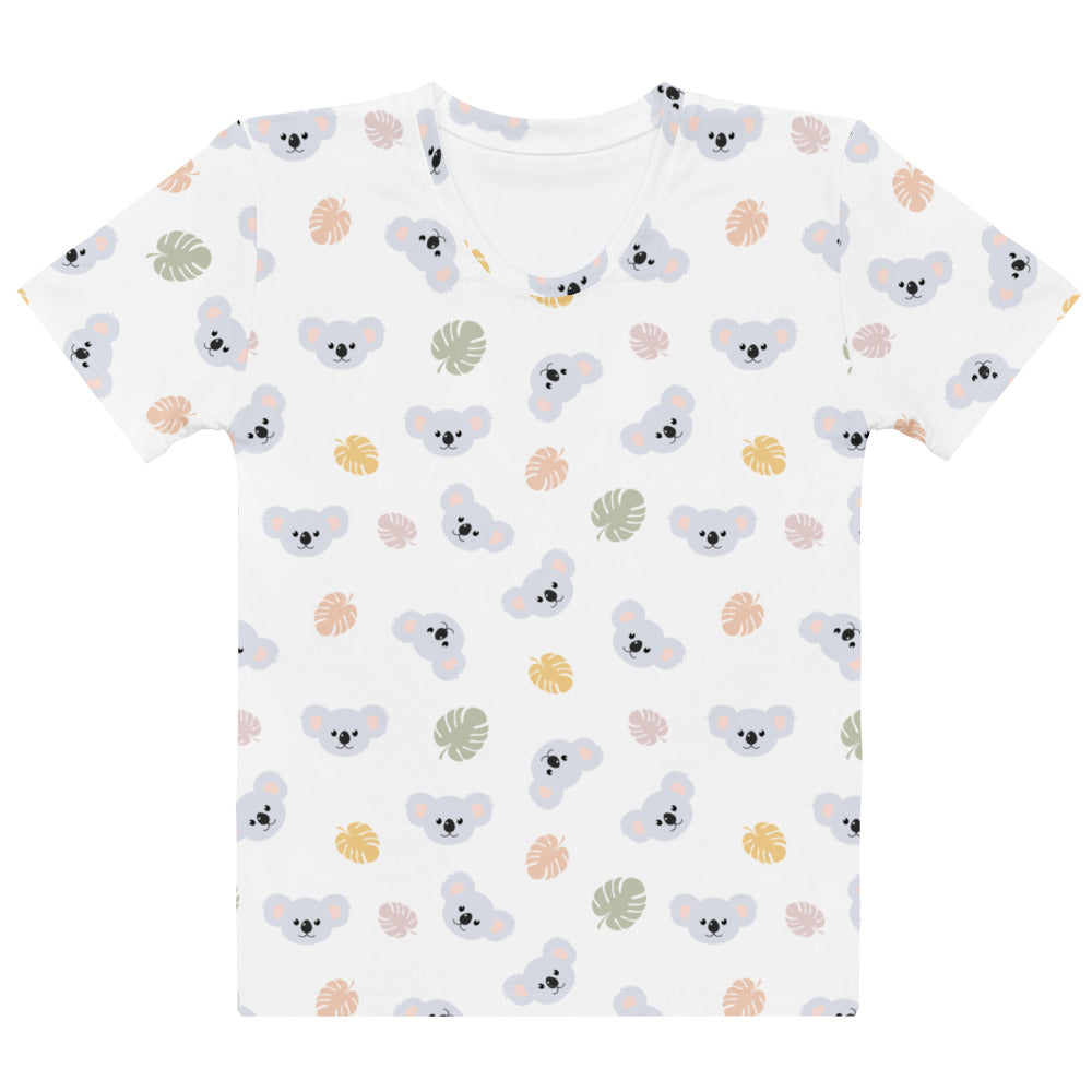 White women’s short-sleeved cotton t-shirt with soft stretch featuring gray koalas and pastel tropical leaves print