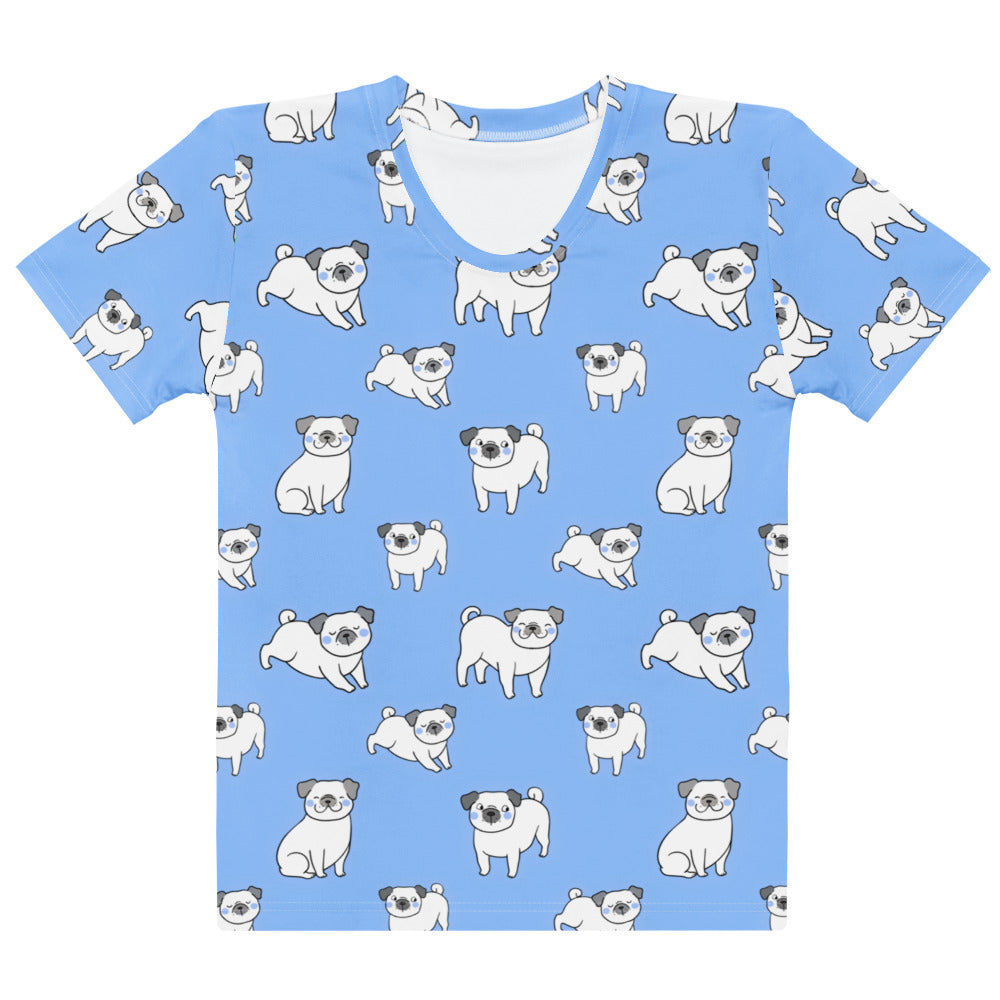 Light blue women’s cotton t-shirt with short sleeves featuring a playful all-over print of white cartoon pugs