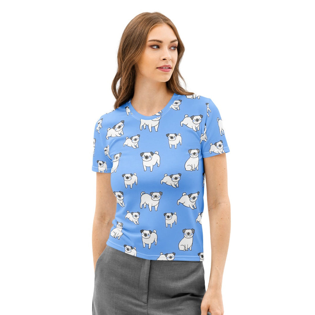 Women’s blue cotton t-shirt with soft stretch and pilling resistance featuring an all-over white pug print