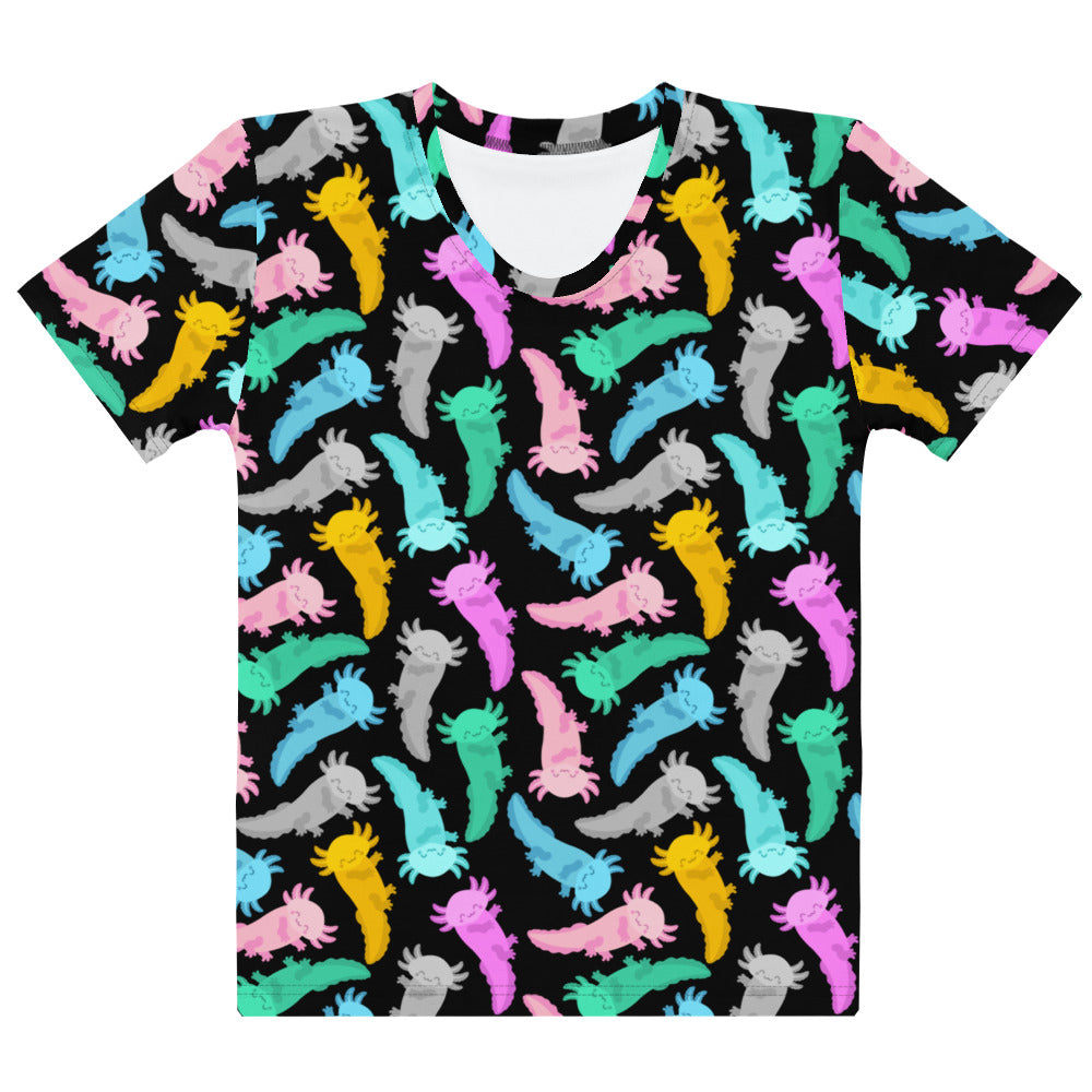 Women’s black cotton t-shirt with colorful pastel axolotl print soft stretch pilling resistant short sleeve tee
