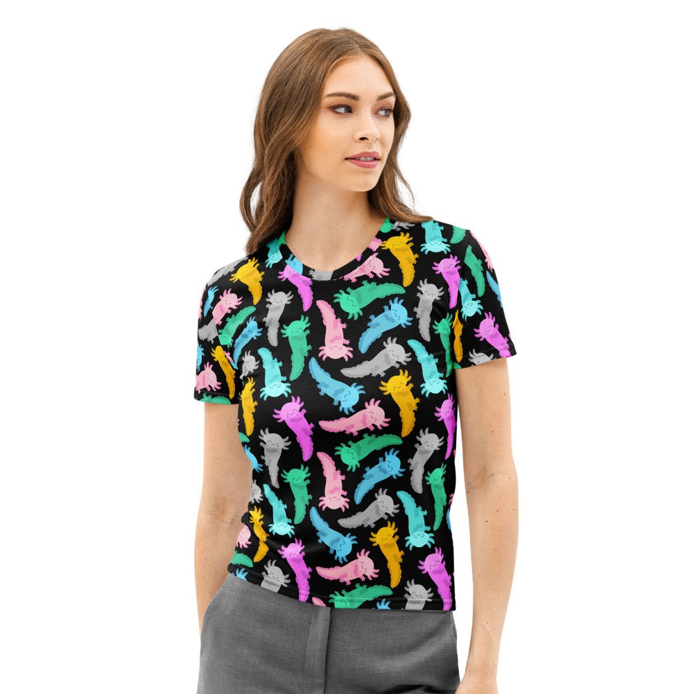 Black short-sleeved cotton t-shirt for women with vibrant colorful axolotl print soft stretch pilling resistant