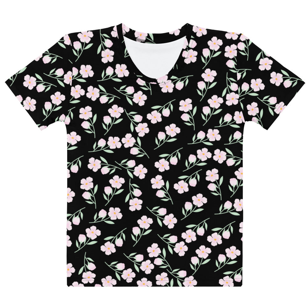 Women’s black cotton t-shirt with delicate pink floral print green stems soft stretch pilling resistant tee