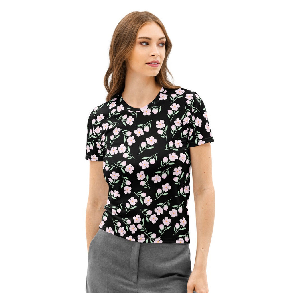 Women’s black floral cotton t-shirt with delicate pink flowers and green stems soft stretch pilling resistant tee