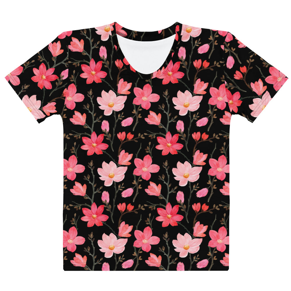 Women’s vibrant pink blossoms black cotton t-shirt with short sleeves soft stretch and pilling resistant fabric