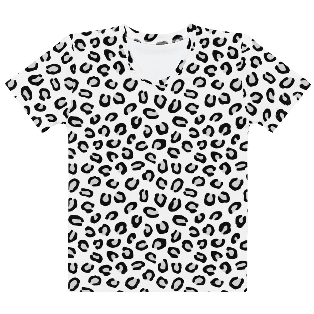 Women’s white cotton short-sleeved t-shirt with bold black leopard print soft stretch pilling resistant tee
