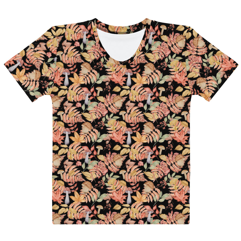 Women’s black cotton v-neck t-shirt with short sleeves and vibrant orange and yellow autumn leaf and mushroom print