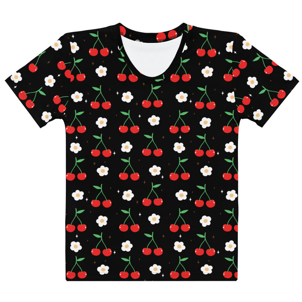 Black women’s cotton short-sleeved t-shirt with vibrant red cherry daisy print and soft stretch pilling resistant fabric