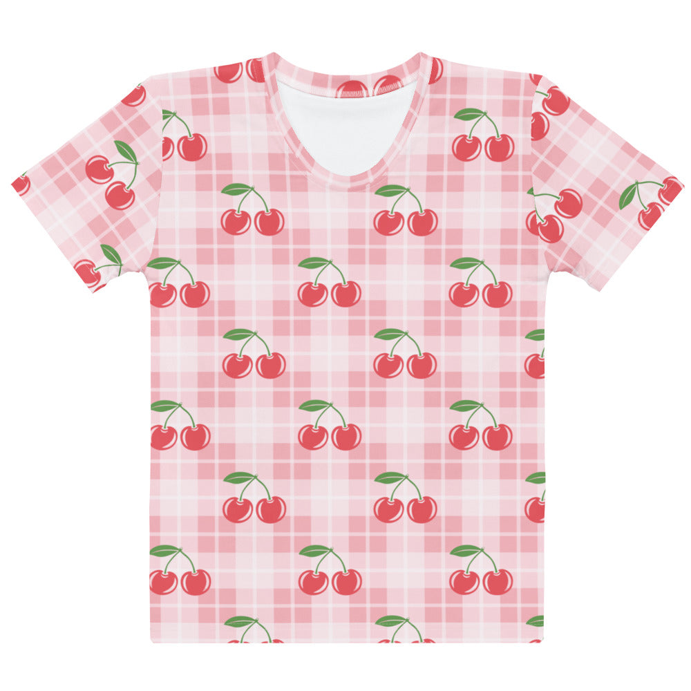 Women’s pink cotton t-shirt with cherry print v-neck short sleeves soft stretch pilling resistant on plaid background