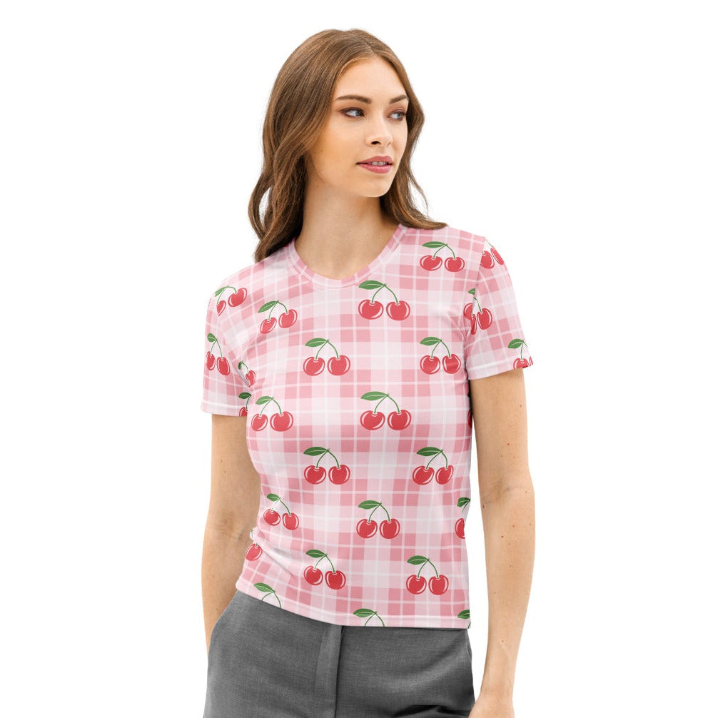 Women’s pink gingham cotton t-shirt with red cherry pattern soft stretch short sleeves pilling resistant tee