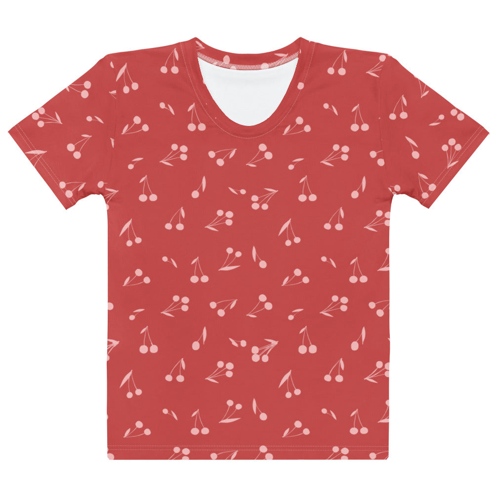Women’s red cotton t-shirt with light pink cherry print soft stretch and pilling resistant short sleeves
