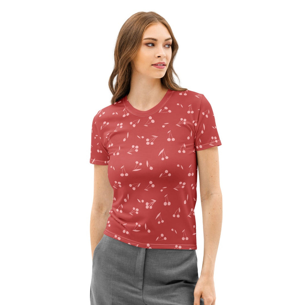 Women’s red cherry print cotton t-shirt with soft stretch and pilling resistant short sleeves