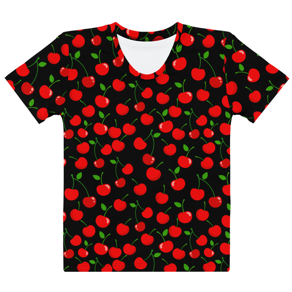 Black women’s cotton t-shirt with soft stretch featuring a vibrant red cherry print with green stems and leaves