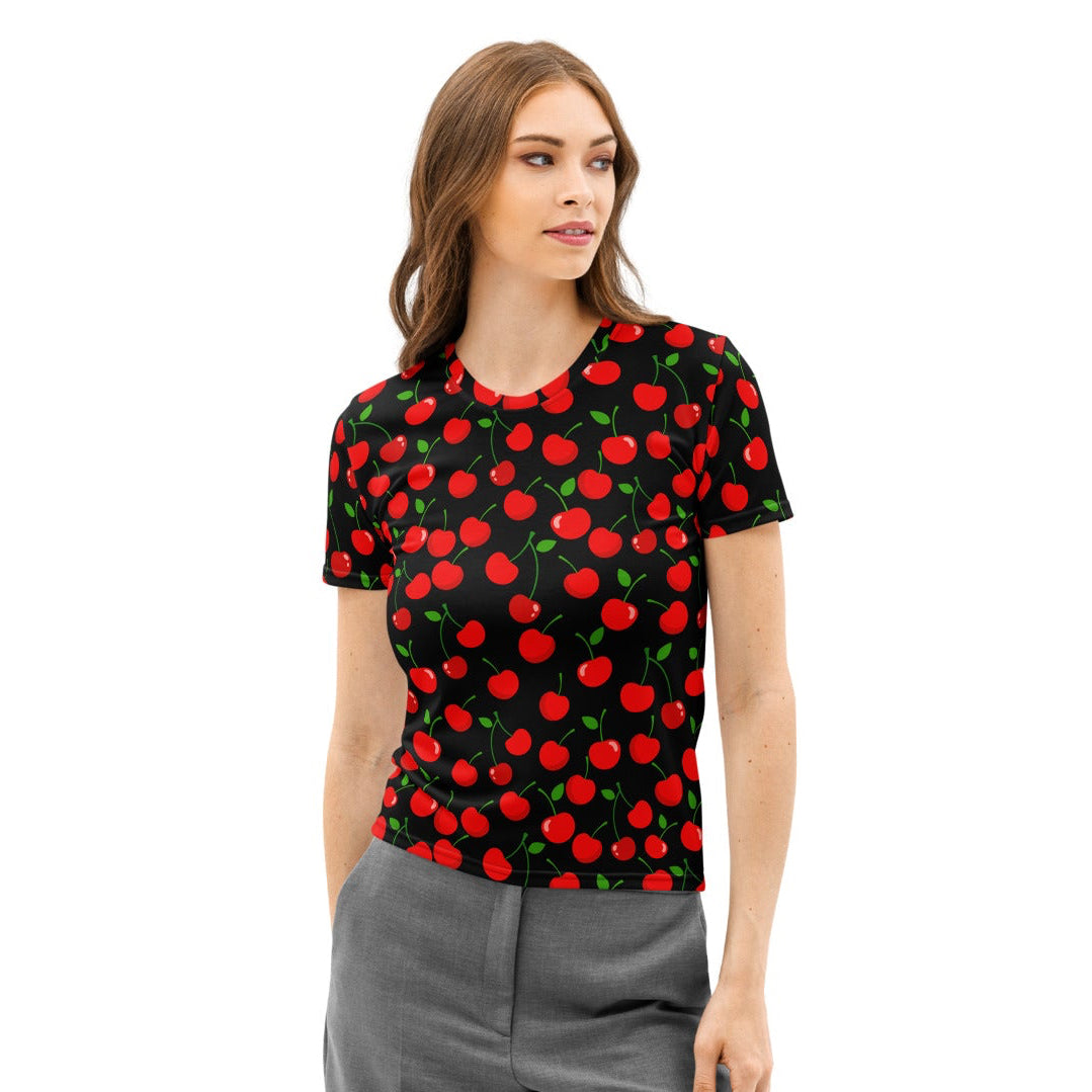 Black short-sleeved cotton t-shirt with vibrant red cherry print green stems soft stretch pilling resistant women’s tee