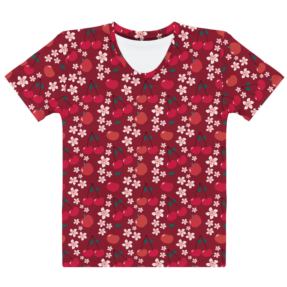 A vibrant red women’s cherry blossom fruit cotton t-shirt with playful cherry and pink blossom print and soft stretch fabric
