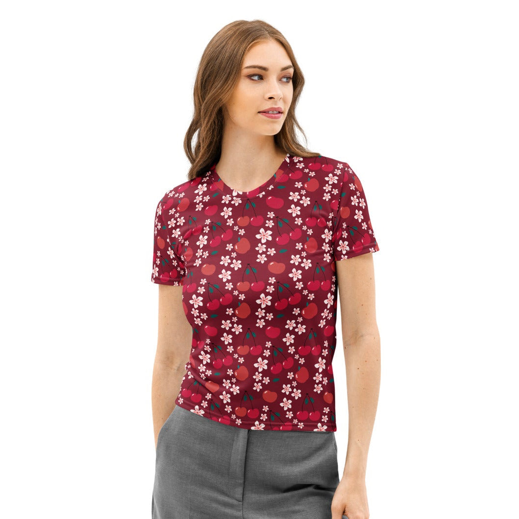 A maroon women’s cotton t-shirt with short sleeves featuring a cherry blossom fruit pattern soft stretch and pilling resistant